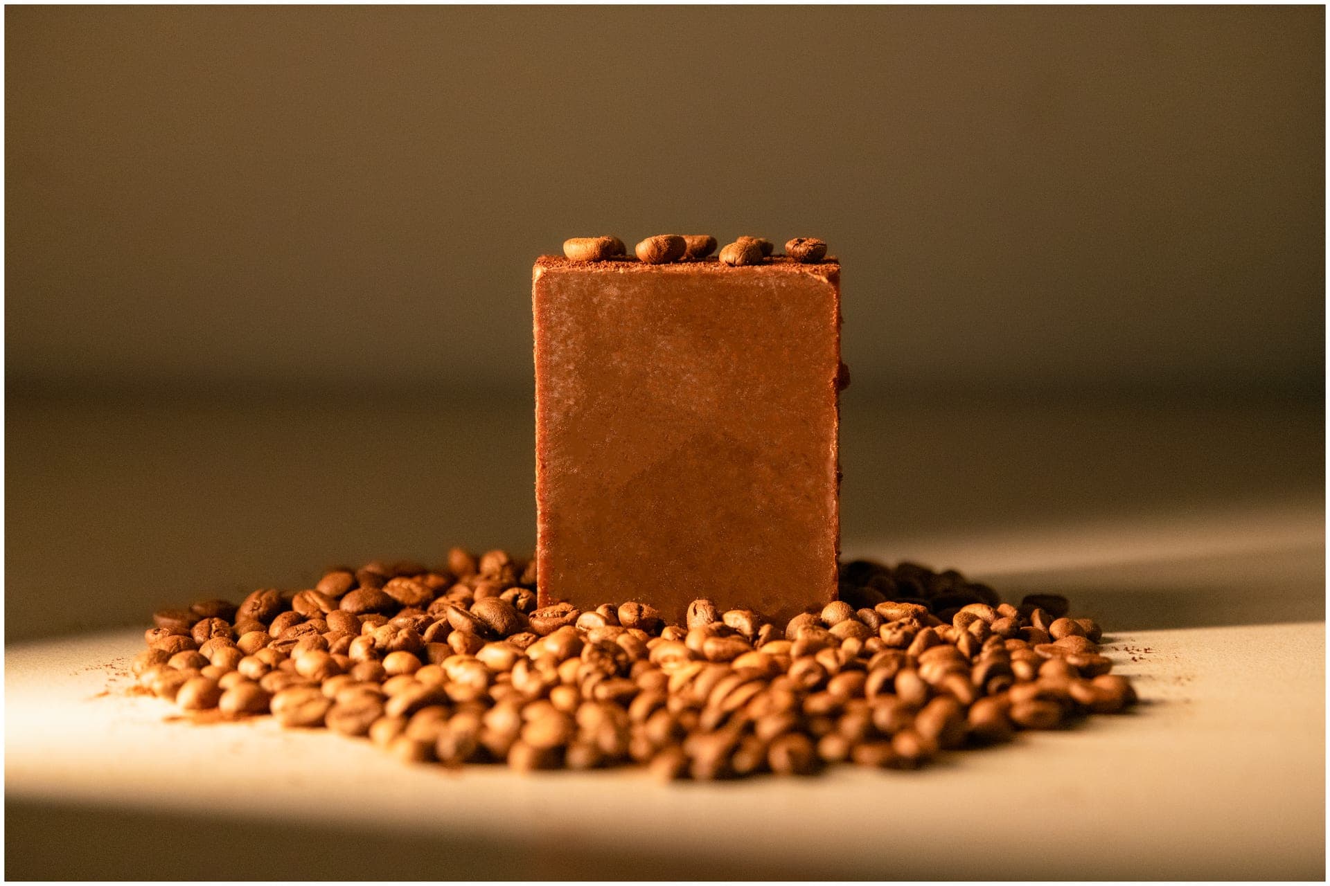 Coffee and cocoa soap bar lit dramatically